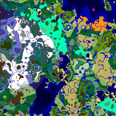 Predicted biome map of Java 1.21.4 seed 8734080464889376085 around estimated spawn