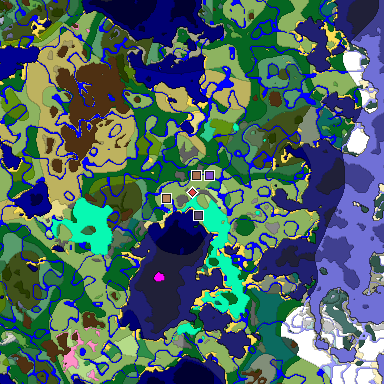 Predicted biome map of Java 1.21.4 seed 7662085577223945238 around estimated spawn