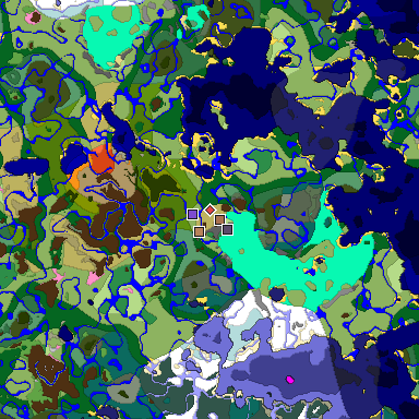 Predicted biome map of Java 1.21.4 seed 3323275134418543035 around estimated spawn