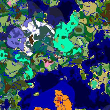 Predicted biome map of Java 1.21.4 seed -7247267014514227716 around estimated spawn