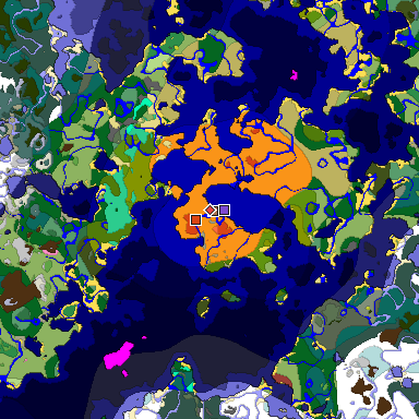 Predicted biome map of Java 26.3 seed -3338595304959679028 around estimated spawn
