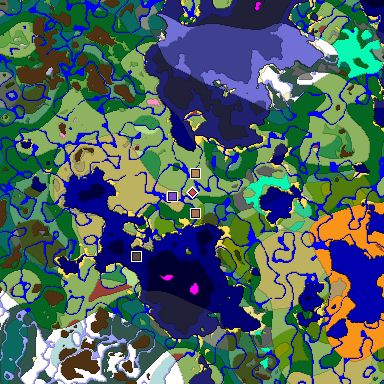 Predicted biome map of Java 26.3 seed -5779065367643259472 around estimated spawn