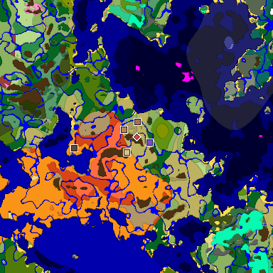 Predicted biome map of Java 26.3 seed -351810761354708226 around estimated spawn