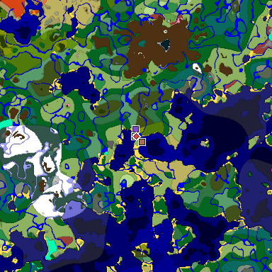 Predicted biome map of Java 26.3 seed 827702738086081393 around estimated spawn