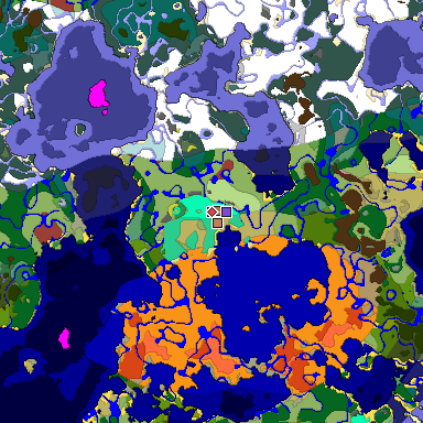 Predicted biome map of Java 26.3 seed -3027115419311458440 around estimated spawn
