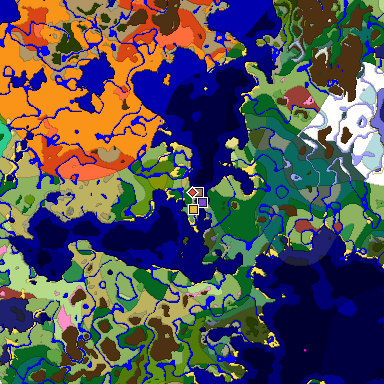 Predicted biome map of Java 26.3 seed 7597777712119274548 around estimated spawn