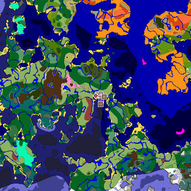 Predicted biome map of Java 26.3 seed -3339028482714723702 around estimated spawn