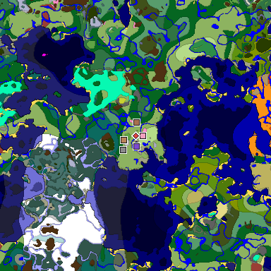 Predicted biome map of Java 26.3 seed 7038510234072637535 around estimated spawn