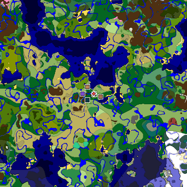 Predicted biome map of Java 26.3 seed 2021925044436619431 around estimated spawn