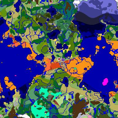 Predicted biome map of Java 26.3 seed -3262749833960926720 around estimated spawn