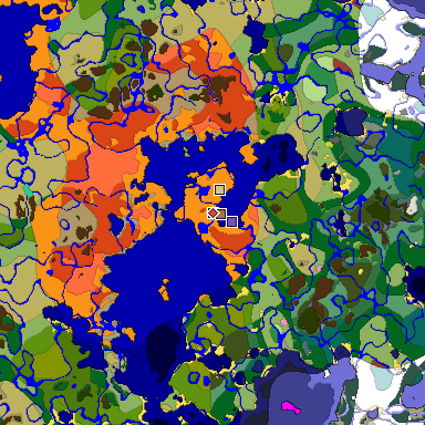 Predicted biome map of Java 26.3 seed 3845304878240054290 around estimated spawn