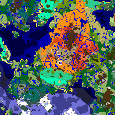 Predicted biome map of Java 26.3 seed -3064867842118645909 around estimated spawn