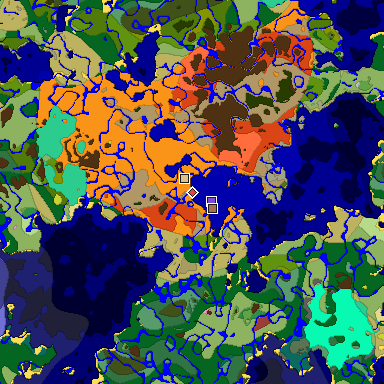 Predicted biome map of Java 26.3 seed -3396376886094243490 around estimated spawn