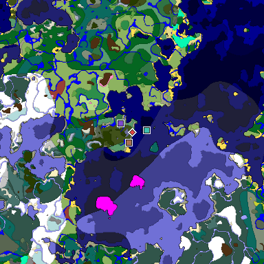 Predicted biome map of Java 26.3 seed -3705885309831678610 around estimated spawn