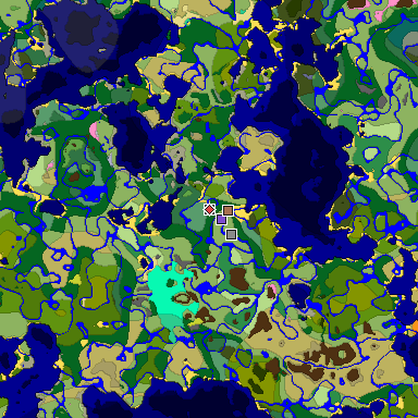 Predicted biome map of Java 26.3 seed 8445426049749967498 around estimated spawn