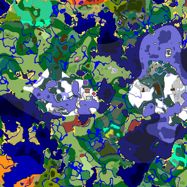 Predicted biome map of Java 26.3 seed -3572639833860495704 around estimated spawn