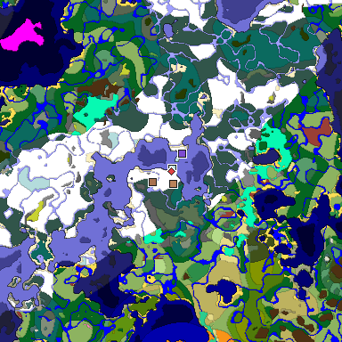 Predicted biome map of Java 26.3 seed 2582651229169531570 around estimated spawn