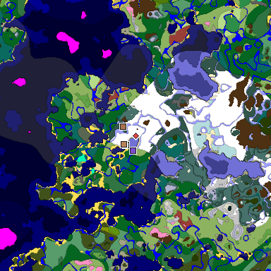 Predicted biome map of Java 26.3 seed 7941292689736936393 around estimated spawn