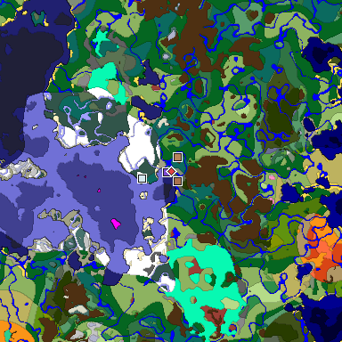 Predicted biome map of Java 26.3 seed -5784206632328976570 around estimated spawn