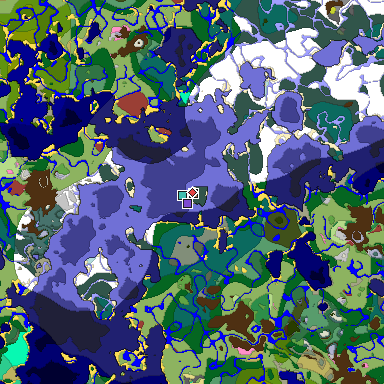 Predicted biome map of Java 26.3 seed -7284659631479309564 around estimated spawn