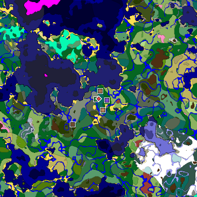 Predicted biome map of Java 26.3 seed 1750172506023404130 around estimated spawn