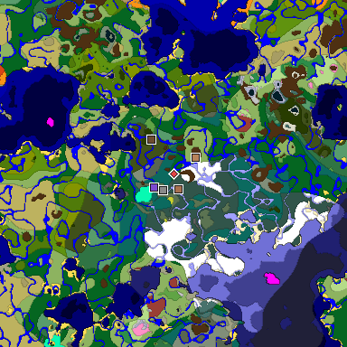 Predicted biome map of Java 26.3 seed -1108149120810381386 around estimated spawn