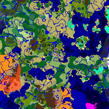 Predicted biome map of Java 26.3 seed -3407389372235034416 around estimated spawn