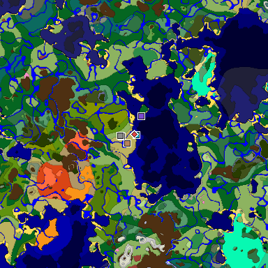 Predicted biome map of Java 26.3 seed -1985053629018990796 around estimated spawn