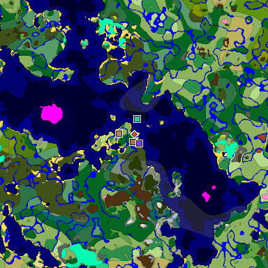 Predicted biome map of Java 26.3 seed 7126674182365231108 around estimated spawn