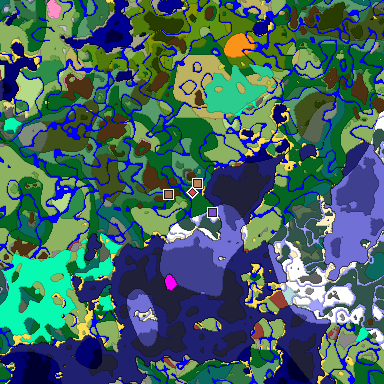Predicted biome map of Java 26.3 seed -3689097288329945174 around estimated spawn