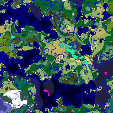 Predicted biome map of Java 26.3 seed 2594288695051874406 around estimated spawn