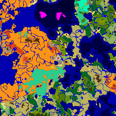 Predicted biome map of Java 26.3 seed -1851442279916746365 around estimated spawn
