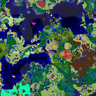 Predicted biome map of Java 26.3 seed 6643629952744799709 around estimated spawn