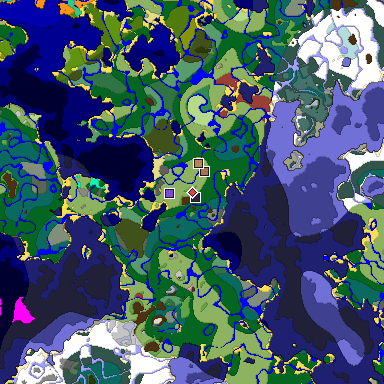 Predicted biome map of Java 26.3 seed -3868063579544089491 around estimated spawn