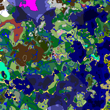 Predicted biome map of Java 26.3 seed -3353953631252256882 around estimated spawn