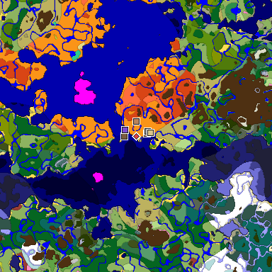 Predicted biome map of Java 26.3 seed 7108367516837124094 around estimated spawn