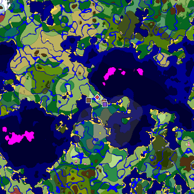Predicted biome map of Java 26.3 seed -3983329024217912536 around estimated spawn