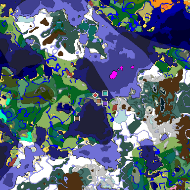 Predicted biome map of Java 26.3 seed 3729437429597615064 around estimated spawn