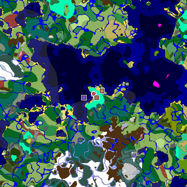 Predicted biome map of Java 26.3 seed -7007772677061393680 around estimated spawn