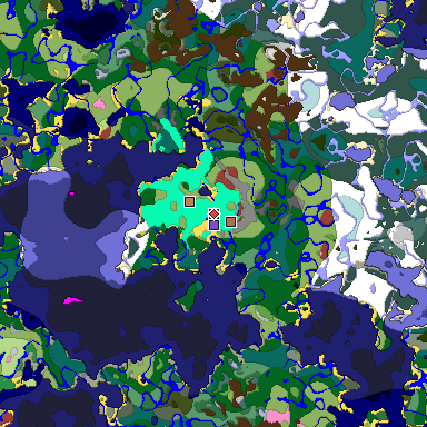 Predicted biome map of Java 26.3 seed -5552323875341252654 around estimated spawn