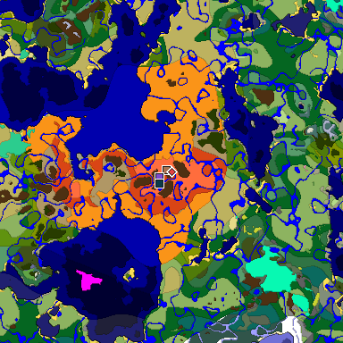 Predicted biome map of Java 26.3 seed 3897933192415729296 around estimated spawn