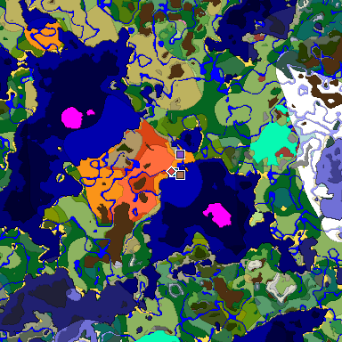 Predicted biome map of Java 26.3 seed 7333027154288345499 around estimated spawn