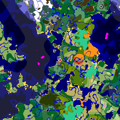 Predicted biome map of Java 26.3 seed -6959461267421352532 around estimated spawn