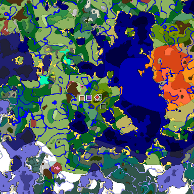 Predicted biome map of Java 26.3 seed 4689241196229828435 around estimated spawn