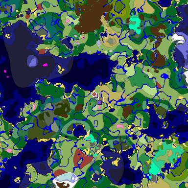 Predicted biome map of Java 26.3 seed 8325808821072063869 around estimated spawn
