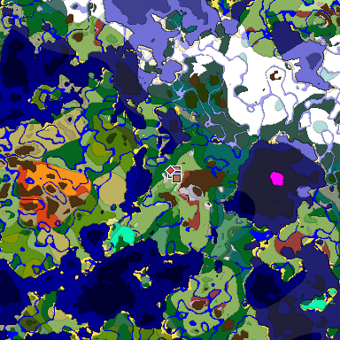 Predicted biome map of Java 26.3 seed 6028172302856618784 around estimated spawn
