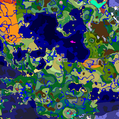 Predicted biome map of Java 26.3 seed 3356909258498280371 around estimated spawn
