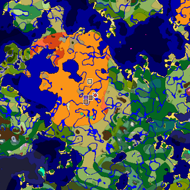 Predicted biome map of Java 26.3 seed 3656363225242386770 around estimated spawn