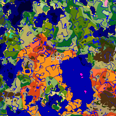 Predicted biome map of Java 26.3 seed 2368610801285115372 around estimated spawn