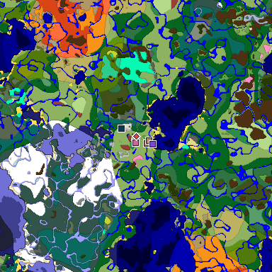 Predicted biome map of Java 26.3 seed -3556428683439136315 around estimated spawn
